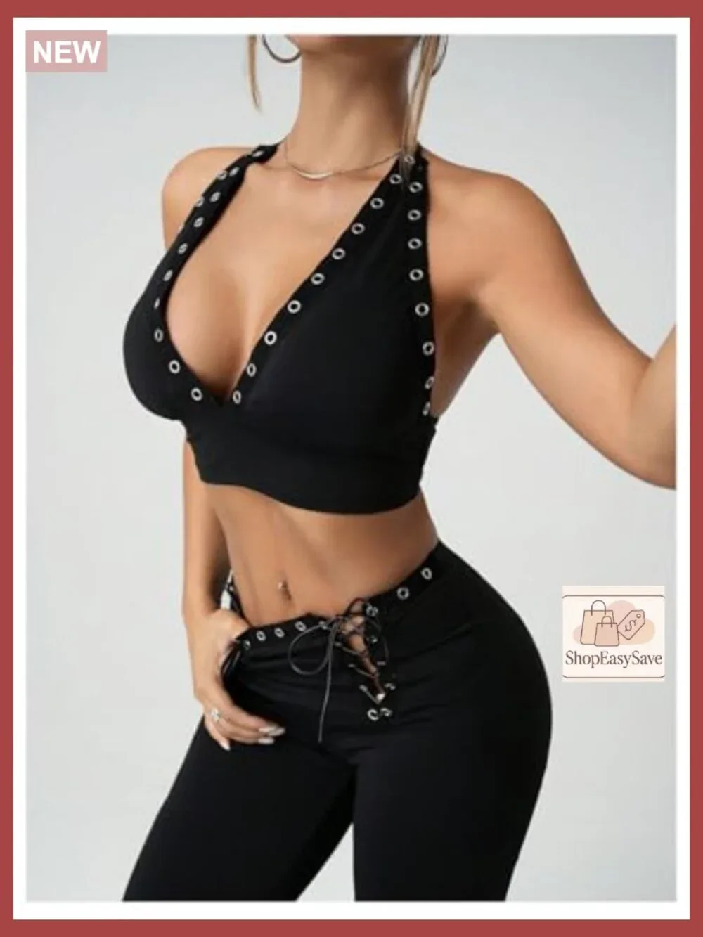 Women's 2 Piece Grunge Halter Top & Flared Leg Pants Y2K Matching Set - Picture 4 of 5